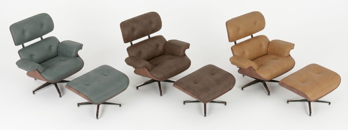 Poltrona Charles Eames nas três cores de couro: Bravo Pinhão, Amêndoa e Chumbo